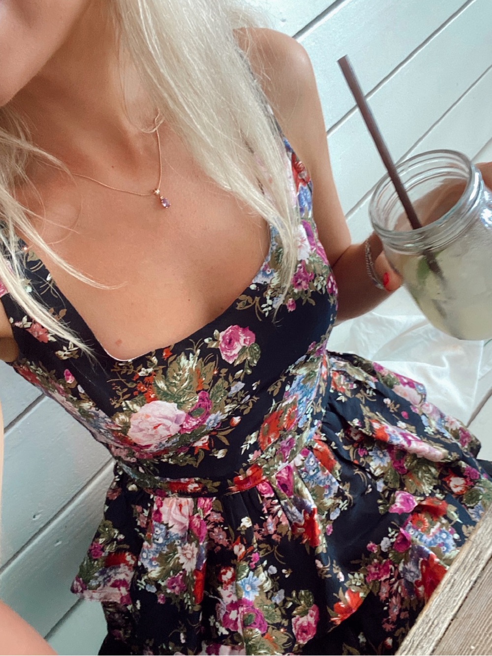 LoveShackFancy Black Floral Tiered Scoop-Neck Mini Dress